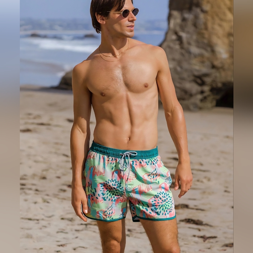 NWT Maamgic Sunlure Bright Fireworks Swim Trunks Mens Small Mesh Liner 4"
